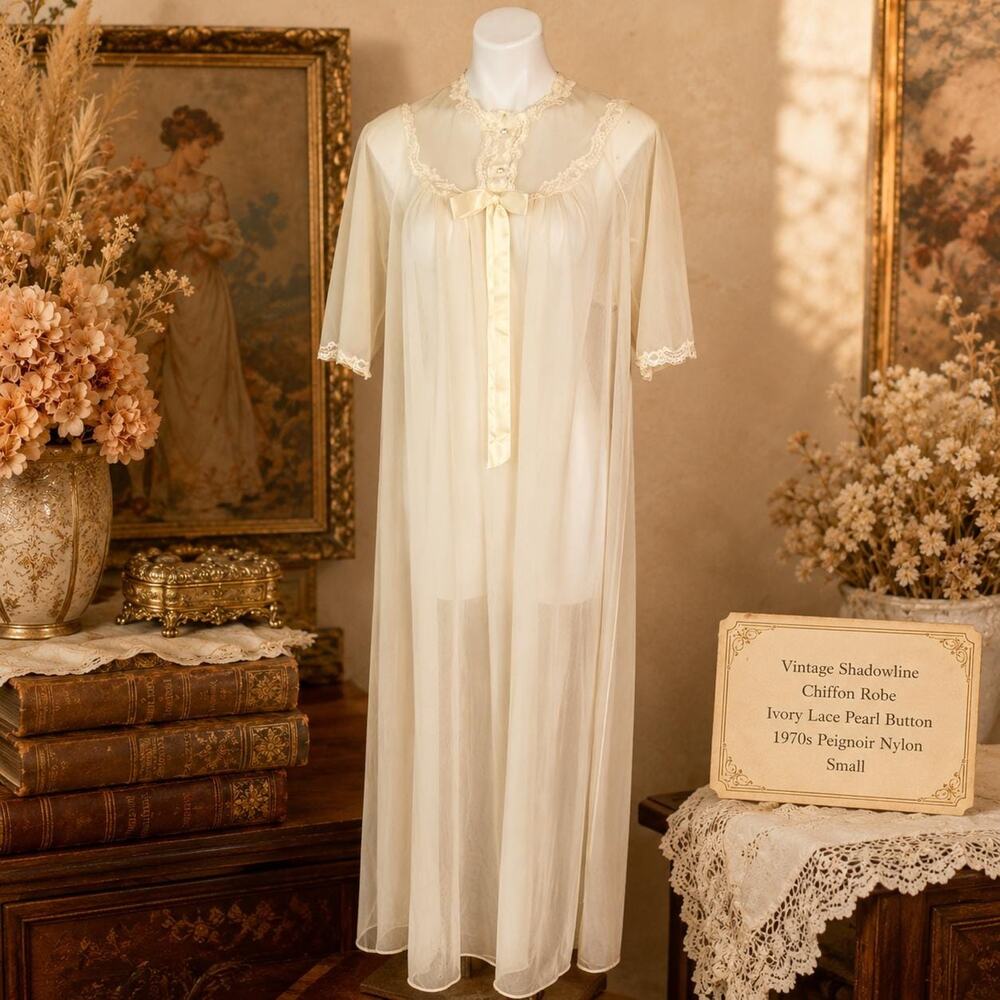 Vintage Shadowline Chiffon Robe Ivory Lace Pearl Button 1970s Peignoir Nylon S